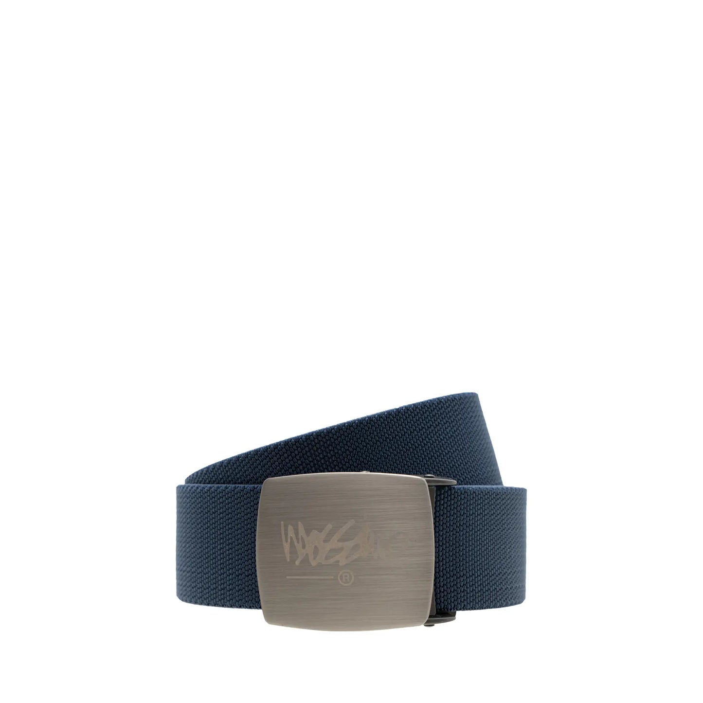 Ratchet canvas belt available in blue, with a 35mm width and adjustable size from 110-130cm, includes signature belt box