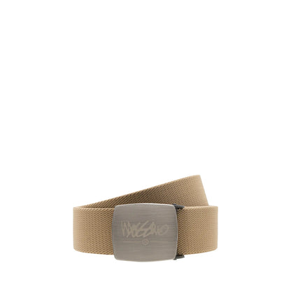 Ratchet canvas belt available in brown, with a 35mm width and adjustable size from 110-130cm, includes signature belt box