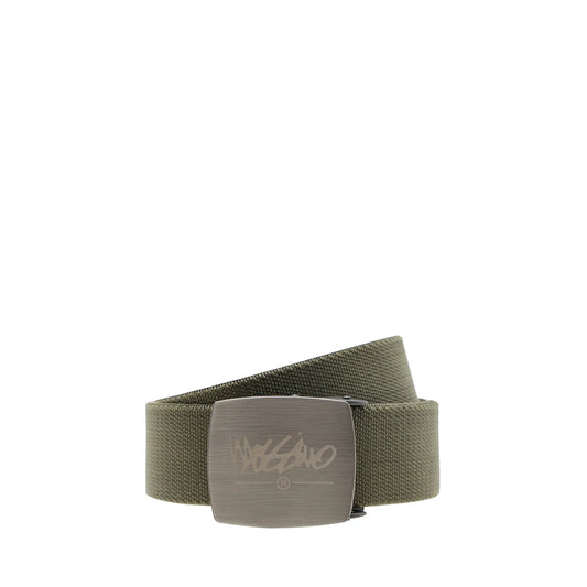 Ratchet canvas belt available in Green, with a 35mm width and adjustable size from 110-130cm, includes signature belt box