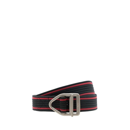 Square ring belt made from durable canvas, available in black colour with red strip. Features a unique square buckle design, 35mm width, and adjustable size from 110-130cm