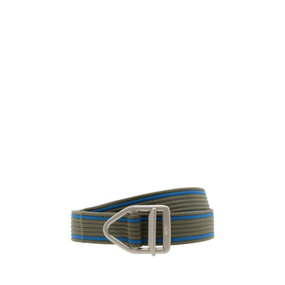 Square ring belt made from durable canvas, available in green with blue stripes. Features a unique square buckle design, 35mm width, and adjustable size from 110-130cm