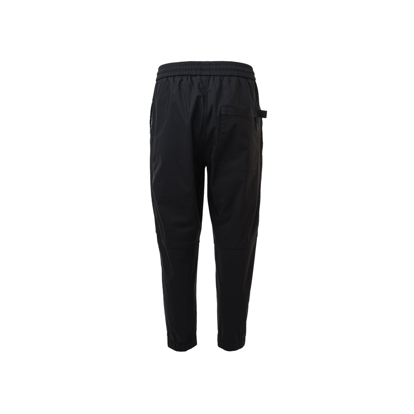 Back view of black cargo jogging pants with a zipper pocket, emphasizing their functional design and sporty appearance.