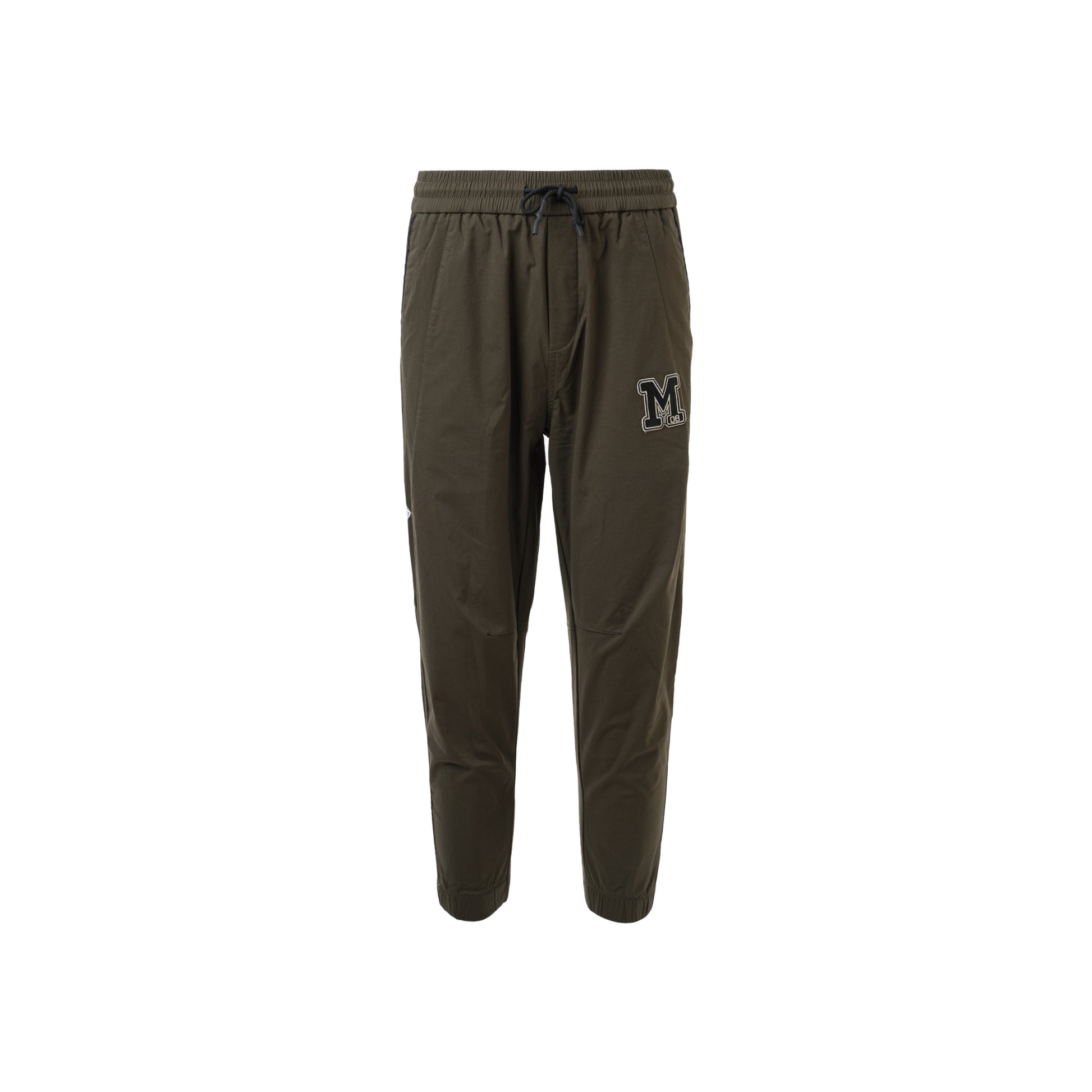 Burnt green jogging pant featuring the letters "M" prominently displayed on the side.