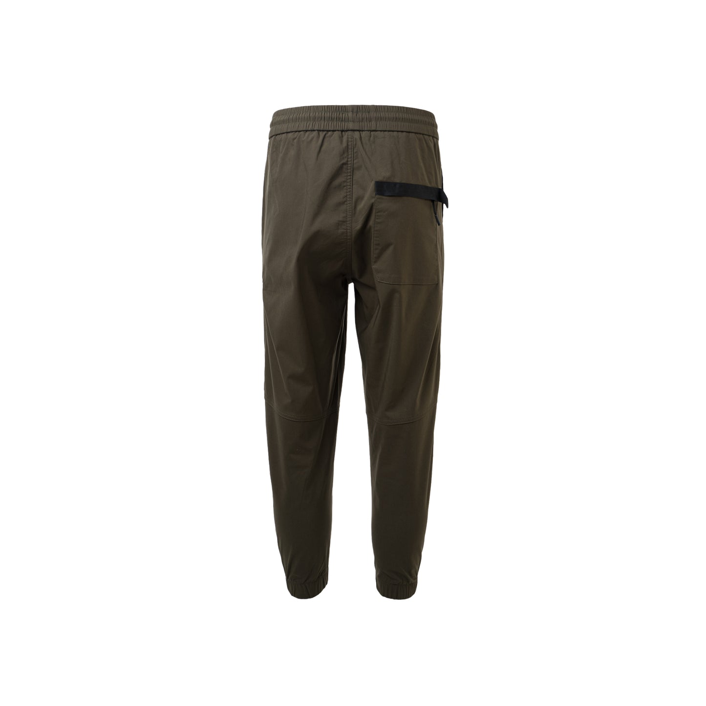 Back view of burnt green cargo jogging pants with a zipper pocket, emphasizing their functional design and sporty appearance.