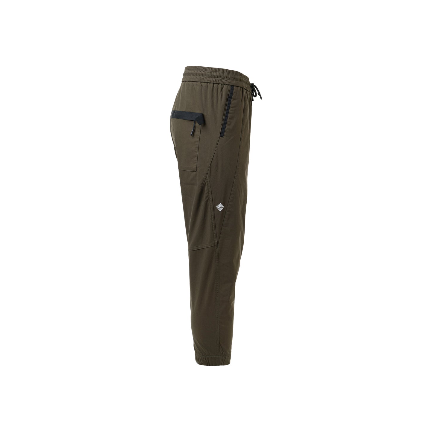 A side view of burnt green jogger pants featuring a zipper pocket, highlighting their trendy and practical cargo style.