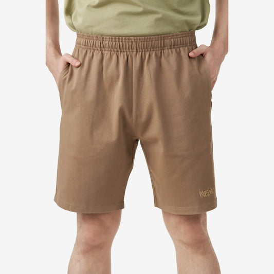 Khaki casual shorts with an elastic waistband, side pockets, and a small embroidered logo on the lower-left side.