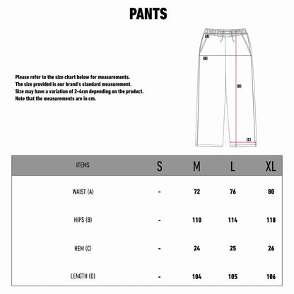 Men's pants size chart displaying different sizes and their corresponding measurements for easy reference.